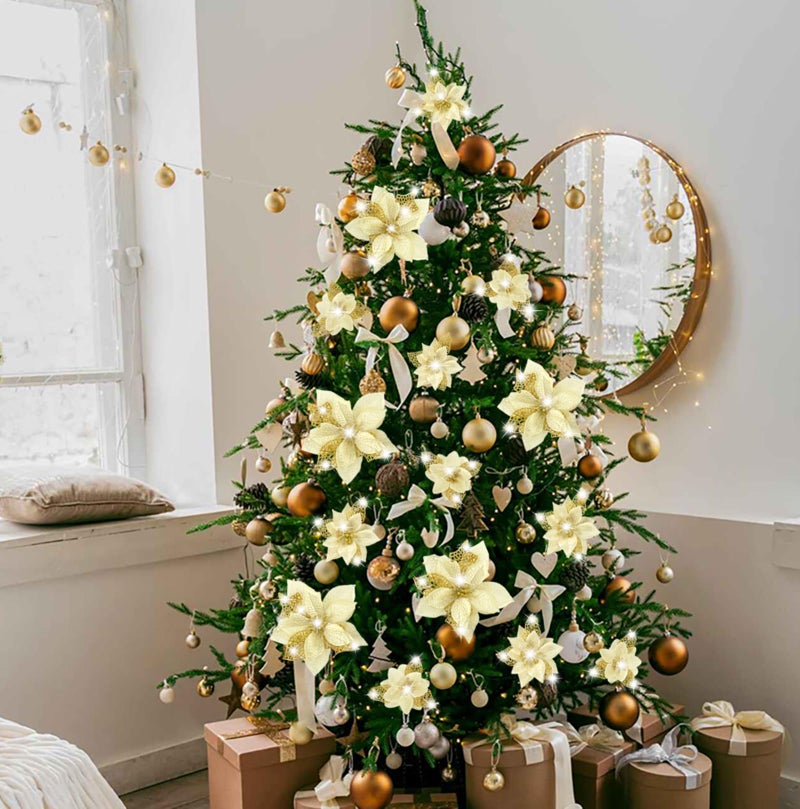 Geefuun 28PCS Christmas Tree Decorations: Poinsettias Artificial Flowers Ornaments Xmas Gold Glitter Flower with Clips - Image 3